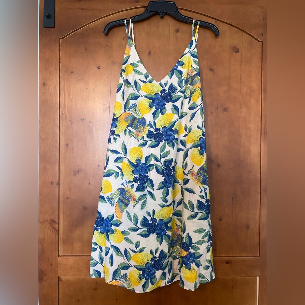 Davi & Dani sundress lemon and tropical bird design back tie womens size Large